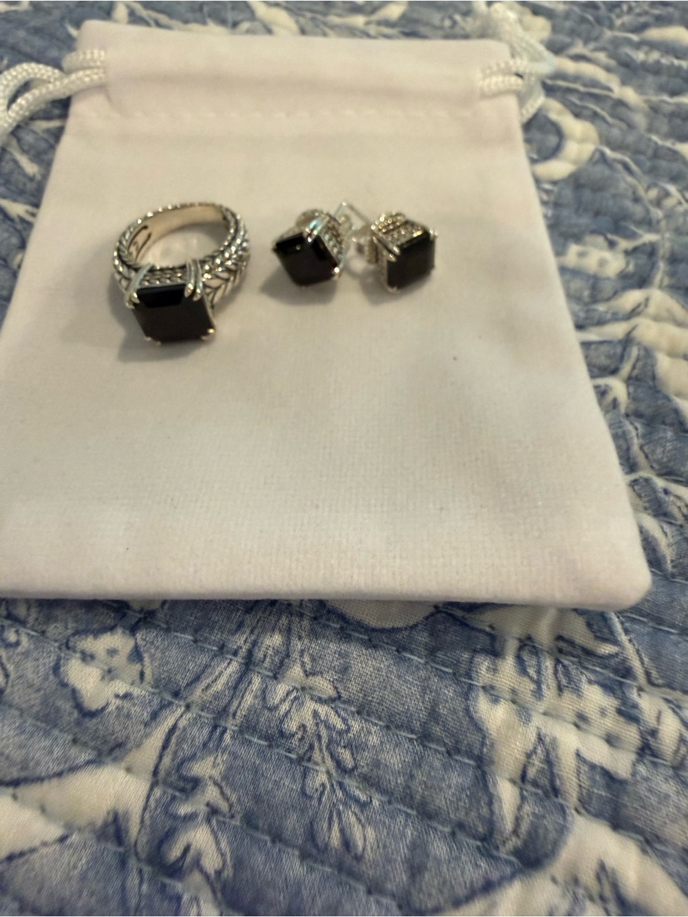 JAI Sterling Silver Asscher Cut Gemstone Ring and Earring Set - Picture 3 of 9